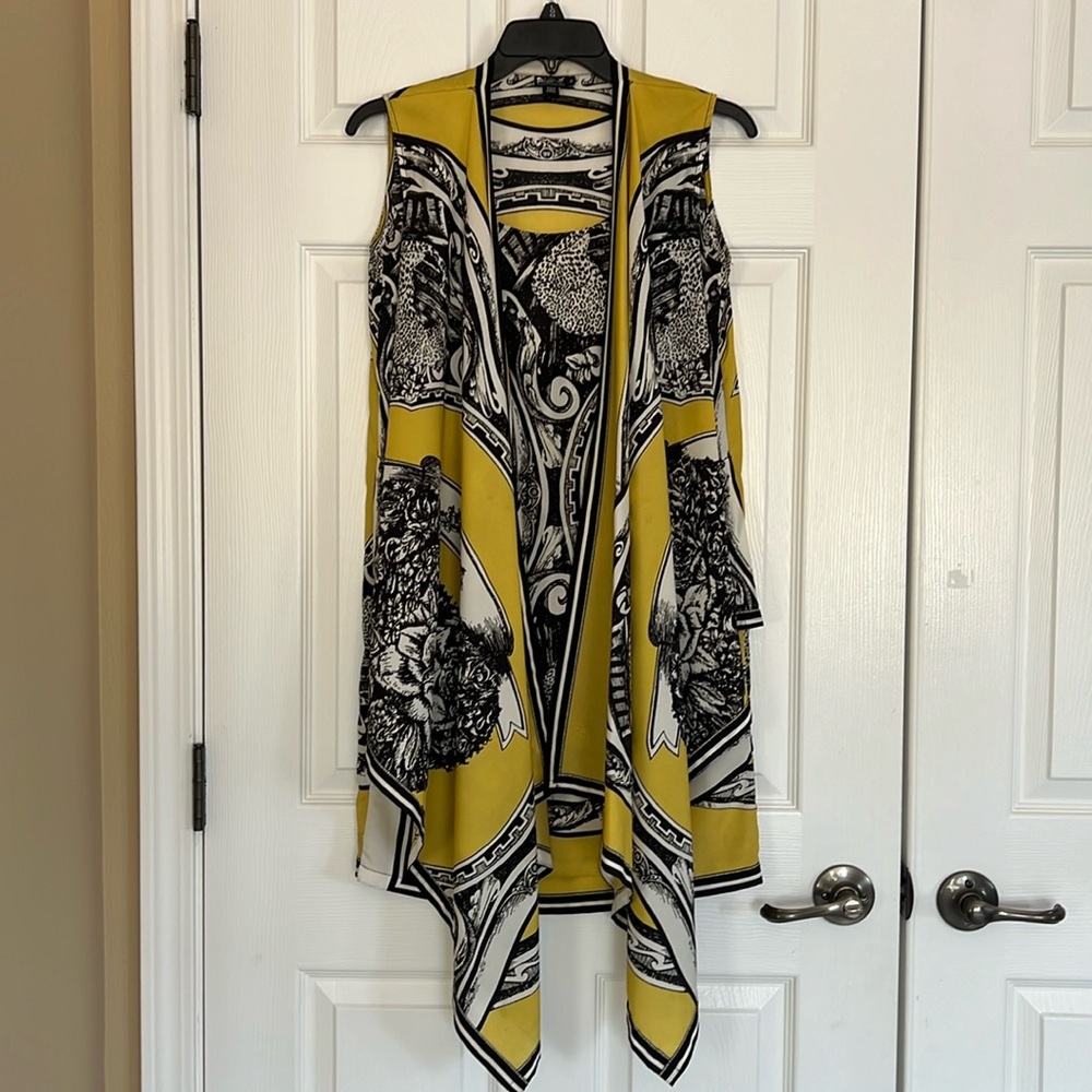 Vintage DKNY Yellow & Black Printed Sleeveless Slip On Shift Tunic Dress Size 2